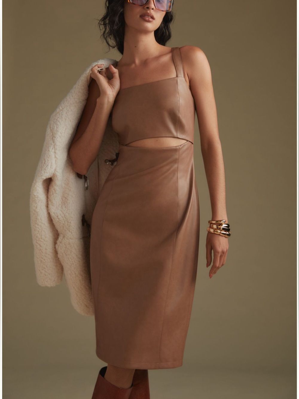 Avec Les Filles x Anthropologie Taupe Brown Cutout Faux Leather Midi Dress XS
